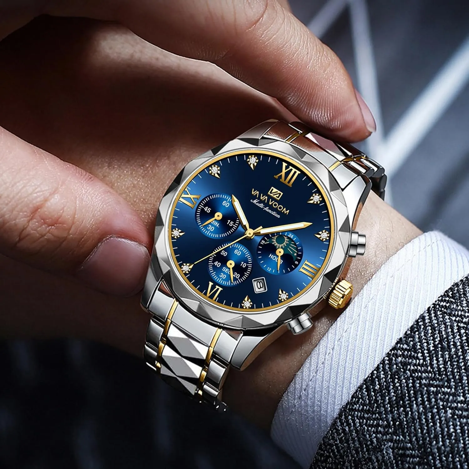 Watch,Gold and Silver Tone FANMIS Watches for Men Luxury Diamond Casual Watch Stainless racetrack Steel Waterproof Business Dress Wristwatch Analog Luminous Date Mens 