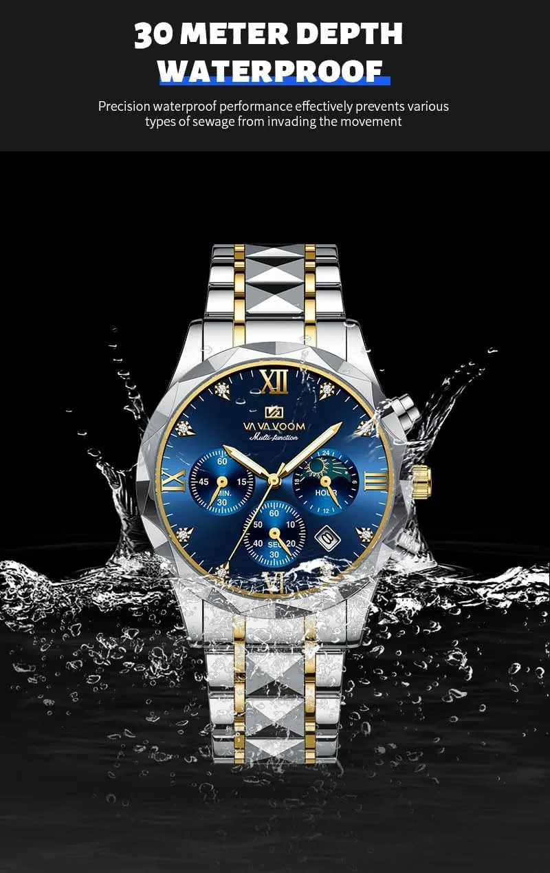 Watch,Gold and Silver Tone FANMIS Watches for Men Luxury Diamond Casual Watch Stainless racetrack Steel Waterproof Business Dress Wristwatch Analog Luminous Date Mens 