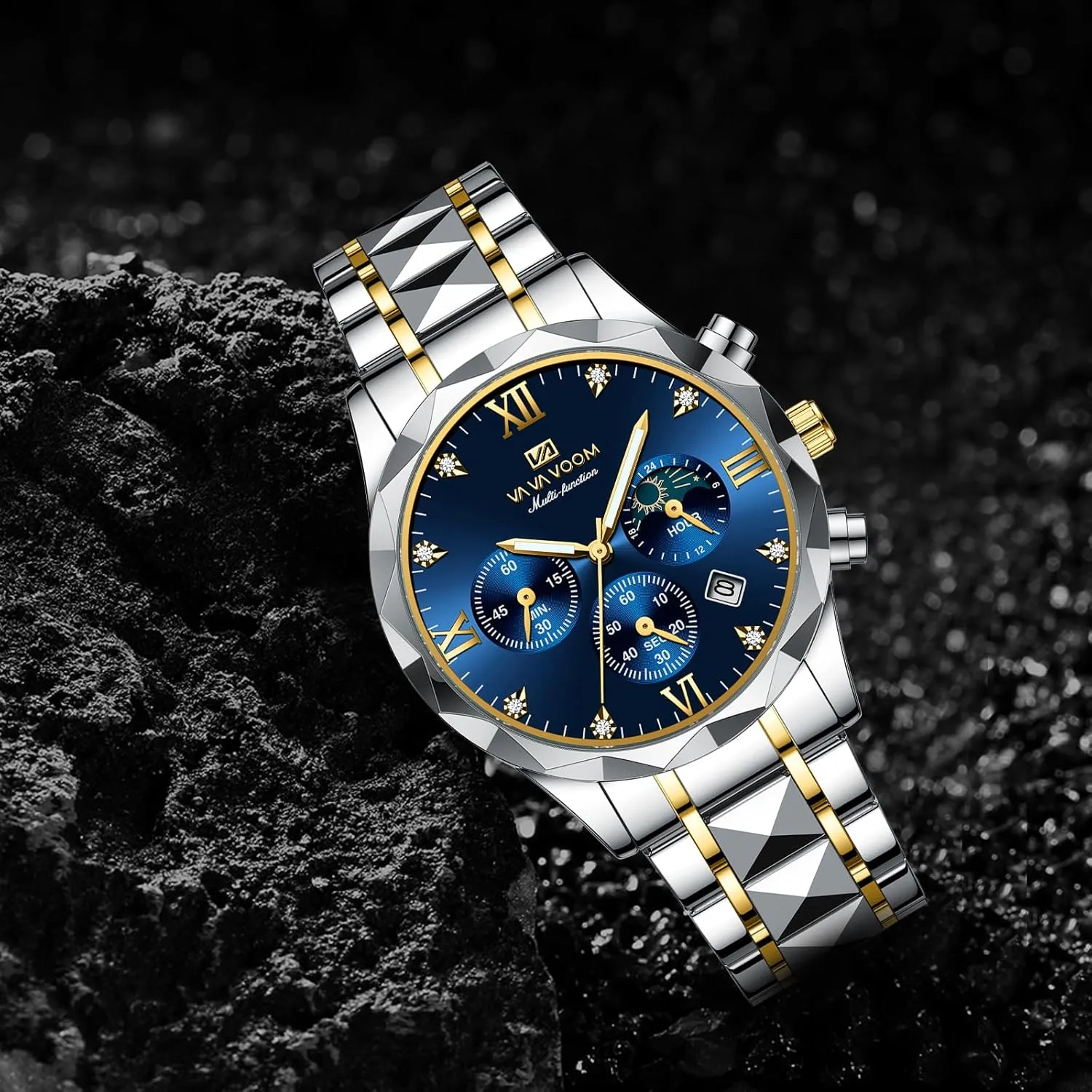 Watch,Gold and Silver Tone FANMIS Watches for Men Luxury Diamond Casual Watch Stainless racetrack Steel Waterproof Business Dress Wristwatch Analog Luminous Date Mens 