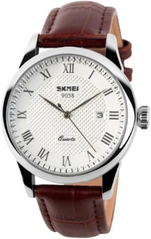 Water Resistant Comfortable PU Leather Watches -Brown Mens Quartz Watch, Roman Numeral Business Casual Fashion Analog Wrist Watch Classic Calendar Date compass pretend variant Window, Waterproof 30M 
