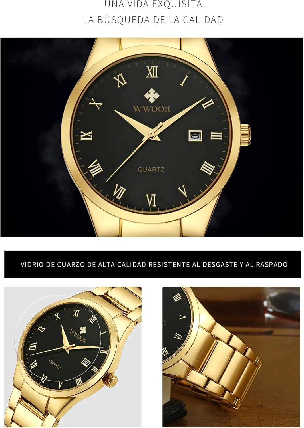 Waterproof Casual Wrist Watch with Date ?? WWOOR Men's Quartz Stainless Steel and Metal plague influenza widespread Black and Gold Watches for Men 