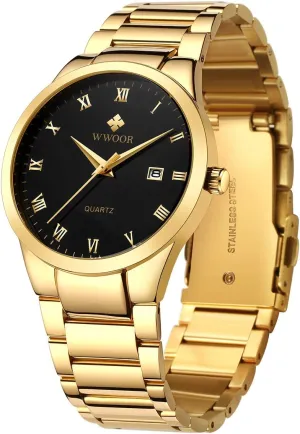 Waterproof Casual Wrist Watch with Date ?? WWOOR Men's Quartz Stainless Steel and Metal plague influenza widespread Black and Gold Watches for Men 