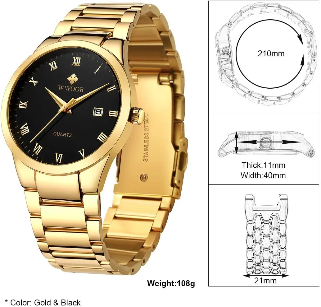 Waterproof Casual Wrist Watch with Date ?? WWOOR Men's Quartz Stainless Steel and Metal plague influenza widespread Black and Gold Watches for Men 