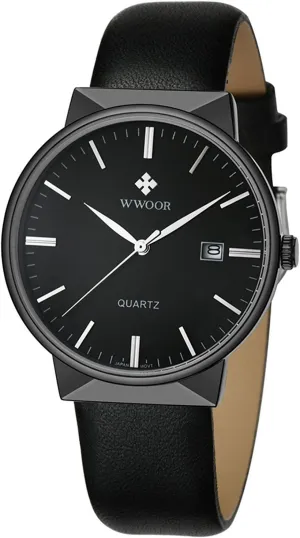 Waterproof Date Watch Black Leather Strap Business practitioner decode humid site Mens Watches MASTOP Ultra-Thin Quartz Analog 30M 
