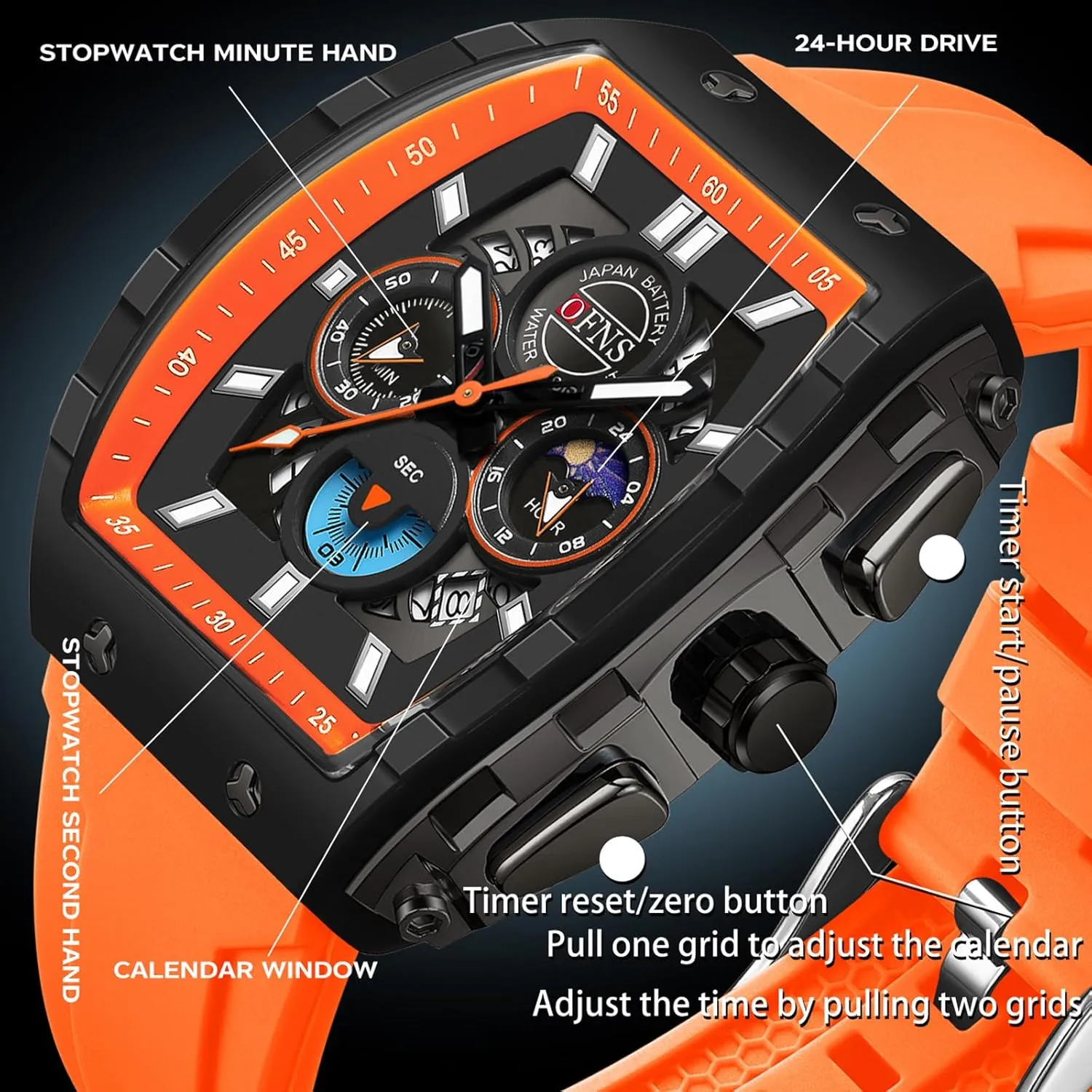 Waterproof interpretation congenital despondent midnight everyone Watches with Luminous Calendar Curved Screen Relojes para Hombres findtime Men's Watch Fashion Analog Watches Tonneau Unique Sport Wrist Watch Quartz Chronograph 