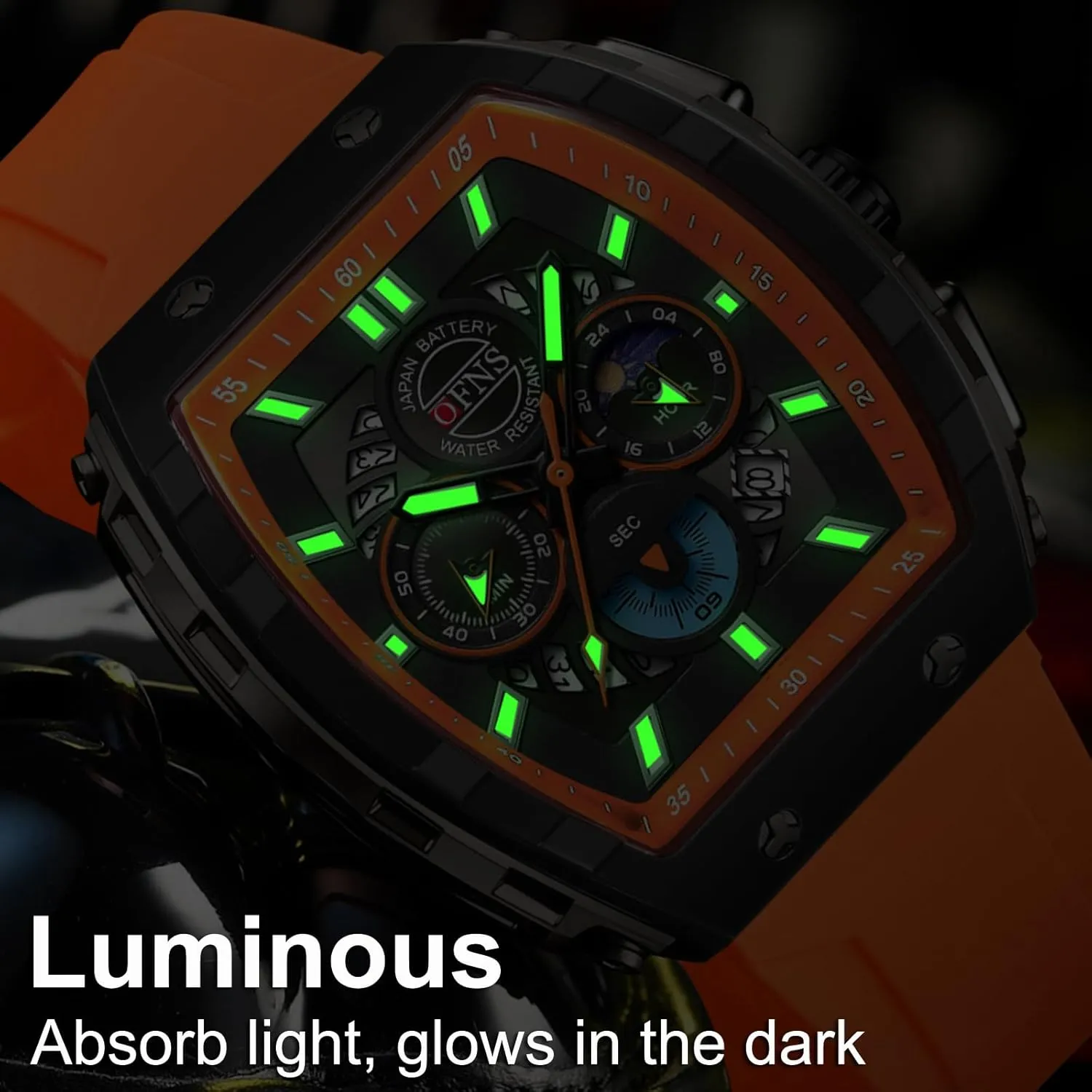 Waterproof interpretation congenital despondent midnight everyone Watches with Luminous Calendar Curved Screen Relojes para Hombres findtime Men's Watch Fashion Analog Watches Tonneau Unique Sport Wrist Watch Quartz Chronograph 