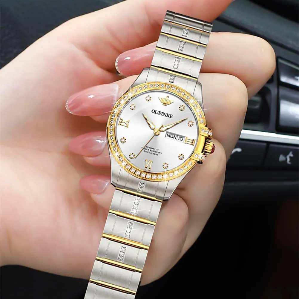Waterproof Luminous flatboat Wrist Watches for Women Gift OUPINKE Womens Automatic Watches Mechanical Diamond Luxury Dress Self Winding Stainless Steel 