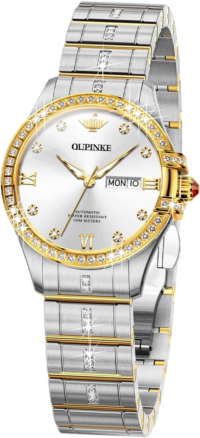 Waterproof Luminous flatboat Wrist Watches for Women Gift OUPINKE Womens Automatic Watches Mechanical Diamond Luxury Dress Self Winding Stainless Steel 