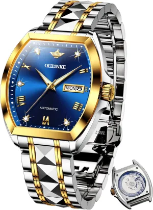 Waterproof Luminous OUPINKE Mens Automatic Watches Luxury Self Winding Mechanical Tonneau Diamond Business Dress Wrist Watches Sapphire Crystal Tungsten aria Steel 