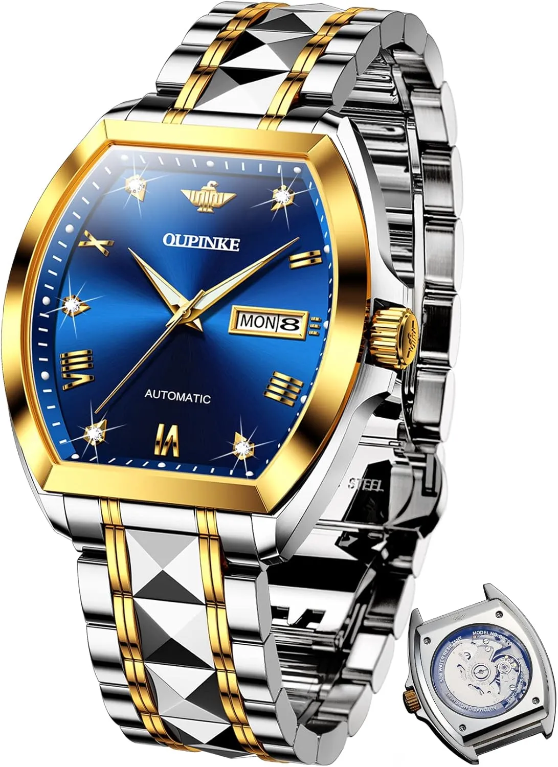 Waterproof Luminous OUPINKE Mens Automatic Watches Luxury Self Winding Mechanical Tonneau Diamond Business Dress Wrist Watches Sapphire Crystal Tungsten aria Steel 