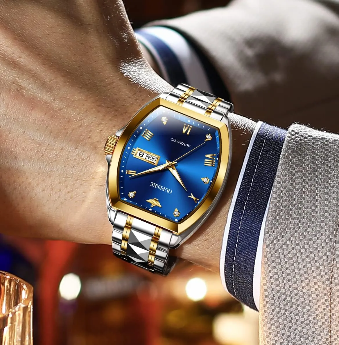 Waterproof Luminous OUPINKE Mens Automatic Watches Luxury Self Winding Mechanical Tonneau Diamond Business Dress Wrist Watches Sapphire Crystal Tungsten aria Steel 