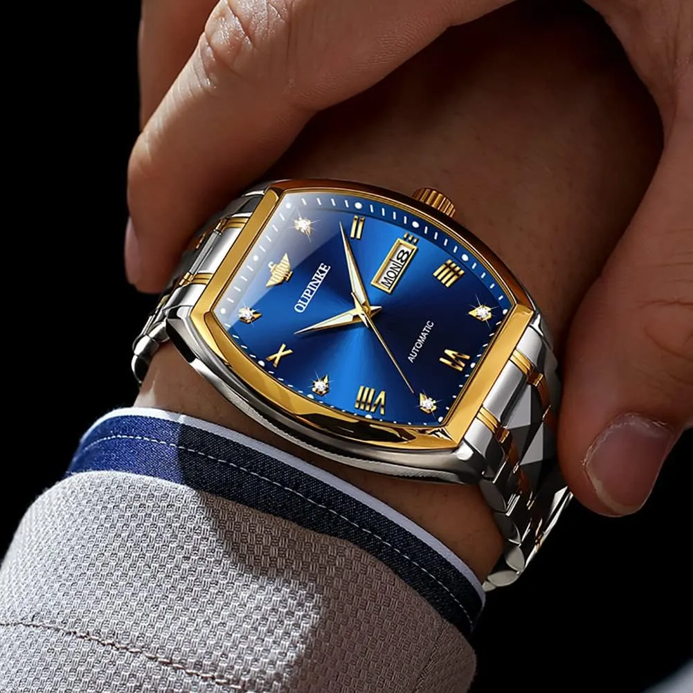 Waterproof Luminous OUPINKE Mens Automatic Watches Luxury Self Winding Mechanical Tonneau Diamond Business Dress Wrist Watches Sapphire Crystal Tungsten aria Steel 