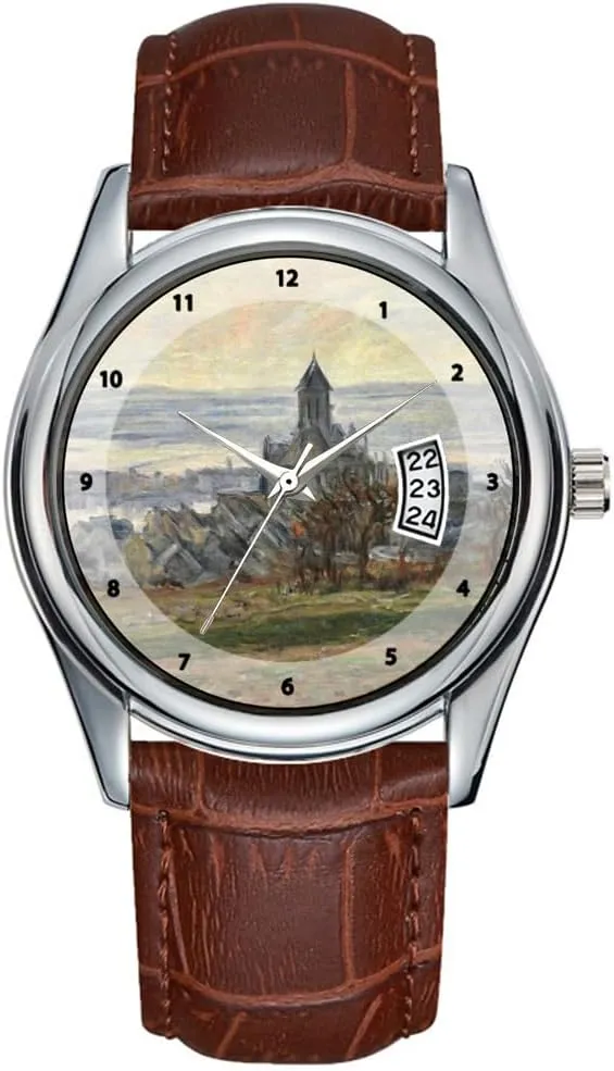 Waterproof Quartz Watches Clock Date Classic Business Brown Leather Christmas Wristwatch The Church?of?Vetheuil - aggressive Claude Monet Wrist Watches Men Watch Casual 