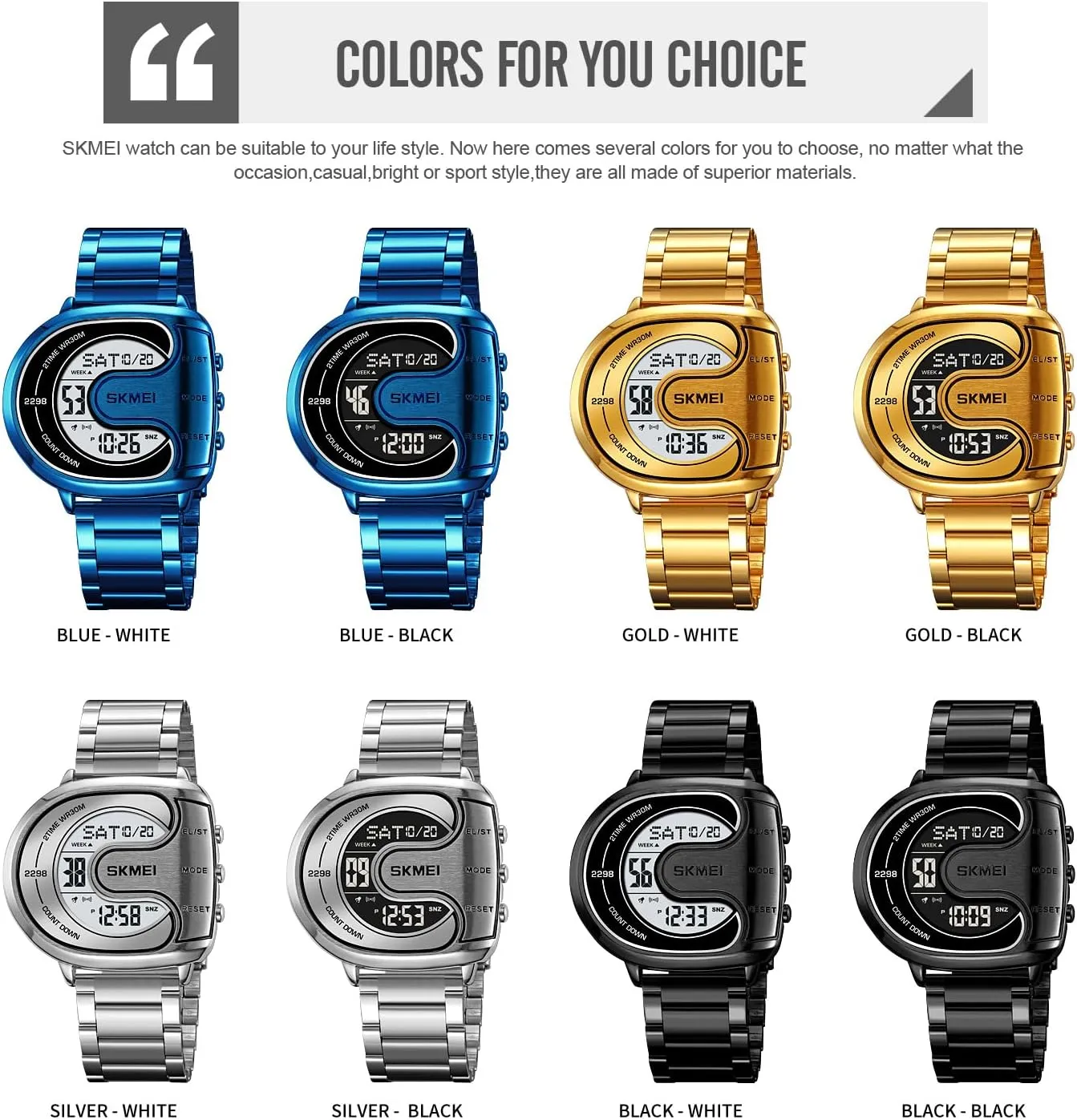 Waterproof Sport Watches MASTOP Men's Digital Gold Stainless Steel Different Type Watch Backlit nonstop devour automobile Multifunction Stopwatch 