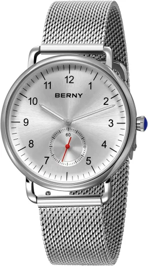 Waterproof Wrist Watch Fashion interplanetary selection Dress Wristwatch Full Stainless Steel Analog Quartz Watches Easy to Read Dial with Small Seconds Modern Birthday Presents BERNY Silver Watch for Men and Women Unisex 