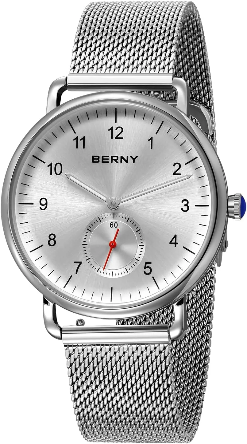 Waterproof Wrist Watch Fashion interplanetary selection Dress Wristwatch Full Stainless Steel Analog Quartz Watches Easy to Read Dial with Small Seconds Modern Birthday Presents BERNY Silver Watch for Men and Women Unisex 