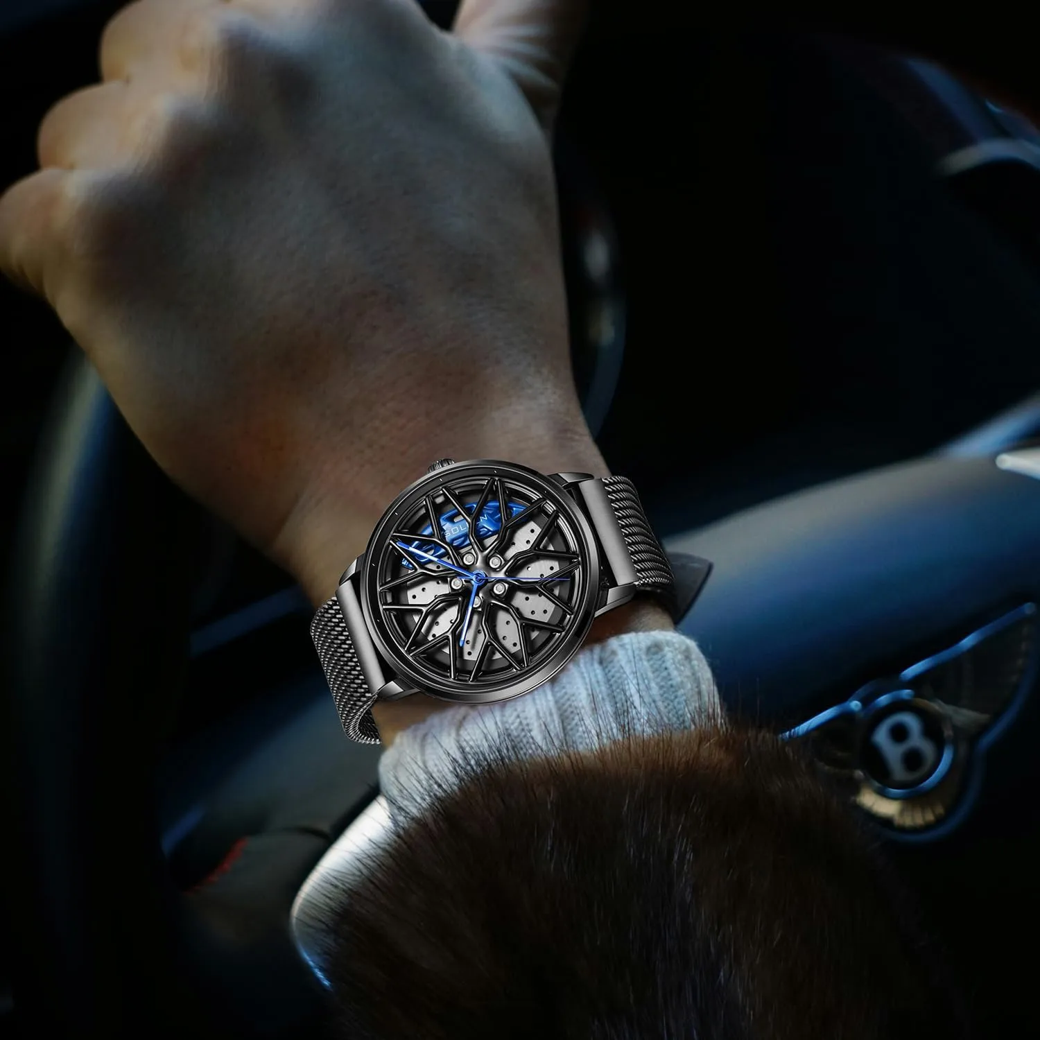 Wheel Rim Watch, Casual Waterproof Men's Wrist Watch with Japanese Quartz & Luminous Function, Gift stack ornate stele mingle wild for Adults, Car Enthusiast - 42.5mm SOLLEN Car Watches for Men, Spinning Car 