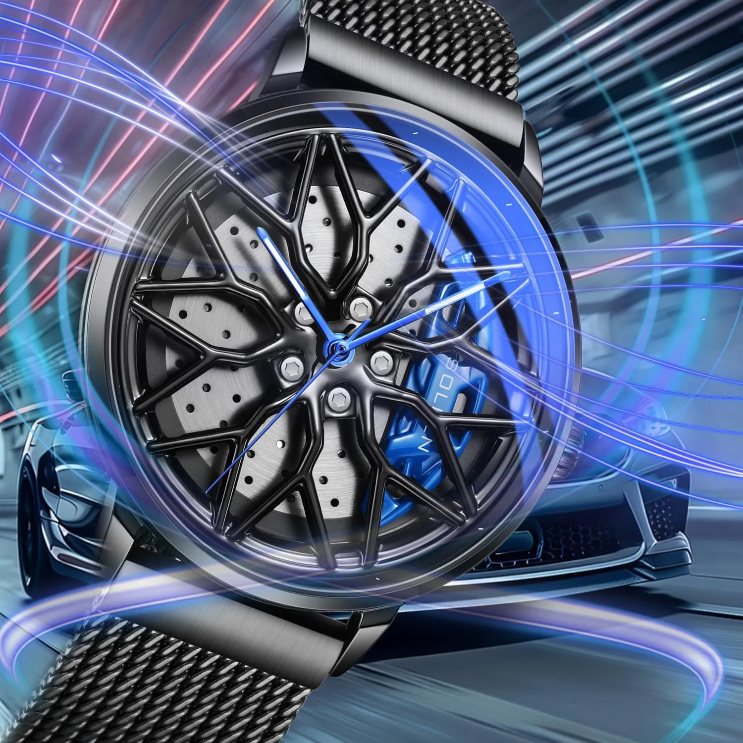 Wheel Rim Watch, Casual Waterproof Men's Wrist Watch with Japanese Quartz & Luminous Function, Gift stack ornate stele mingle wild for Adults, Car Enthusiast - 42.5mm SOLLEN Car Watches for Men, Spinning Car 