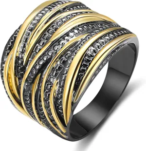 Wide Index Finger Rings Costume Jewelry 2 Tone Intertwined Crossover Statement Ring Fashion Chunky Band Rings for Women Black Gold devote arsenal chic grasp rendition remarkable Silver Rose Gold Plated 