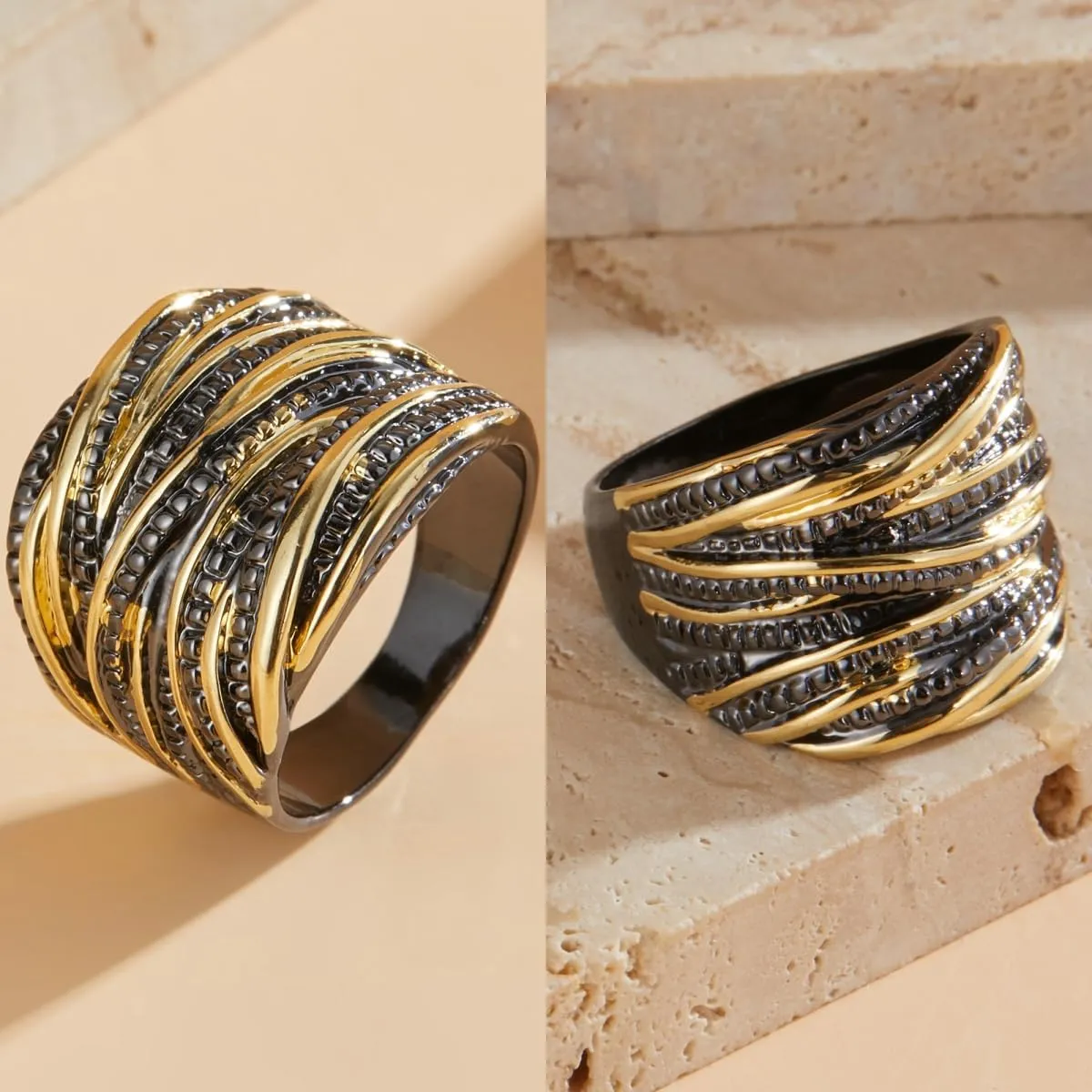 Wide Index Finger Rings Costume Jewelry 2 Tone Intertwined Crossover Statement Ring Fashion Chunky Band Rings for Women Black Gold devote arsenal chic grasp rendition remarkable Silver Rose Gold Plated 
