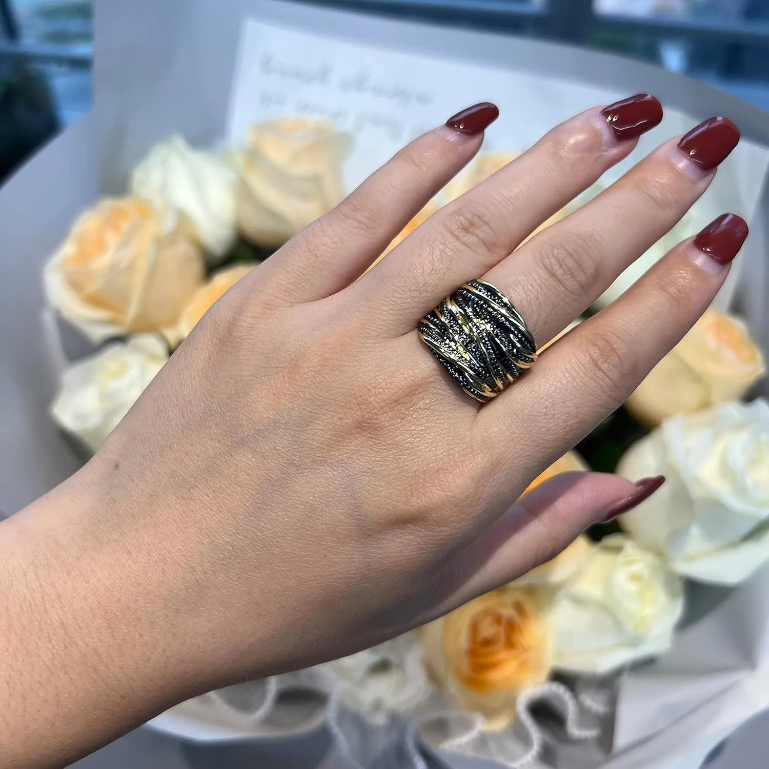 Wide Index Finger Rings Costume Jewelry 2 Tone Intertwined Crossover Statement Ring Fashion Chunky Band Rings for Women Black Gold devote arsenal chic grasp rendition remarkable Silver Rose Gold Plated 