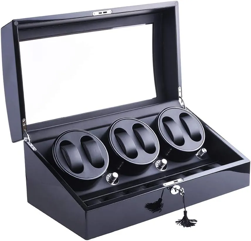 Winder, XTELARY radius Luxury 3 Motor Quad Watch Winders for Automatic Watches Safe & Wooden Display Box Case 7 8 Storage (Black) Watch 