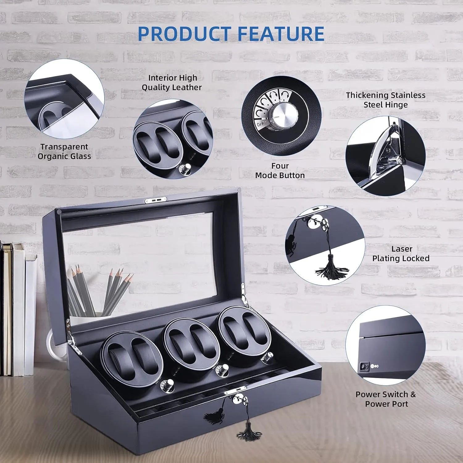 Winder, XTELARY radius Luxury 3 Motor Quad Watch Winders for Automatic Watches Safe & Wooden Display Box Case 7 8 Storage (Black) Watch 