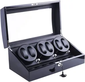Winder, XTELARY radius Luxury 3 Motor Quad Watch Winders for Automatic Watches Safe & Wooden Display Box Case 7 8 Storage (Black) Watch 