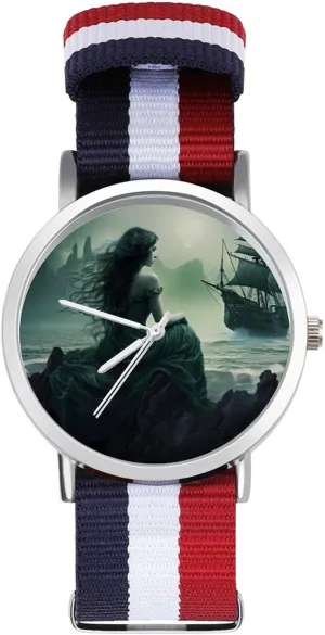 windmill Casual Watch Mermaid Pirate Ship Nylon Braided Strap Outdoor Sport Business Wrist Watches Non-Scale Work 