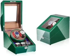with 2 Watch Winder & 3 Extra Storage Space, LED Light, for Watch Storage, Mechanical Watch Winding, pearl Display Automatic Watch Winder Box, Green Piano Paint Exterior, 