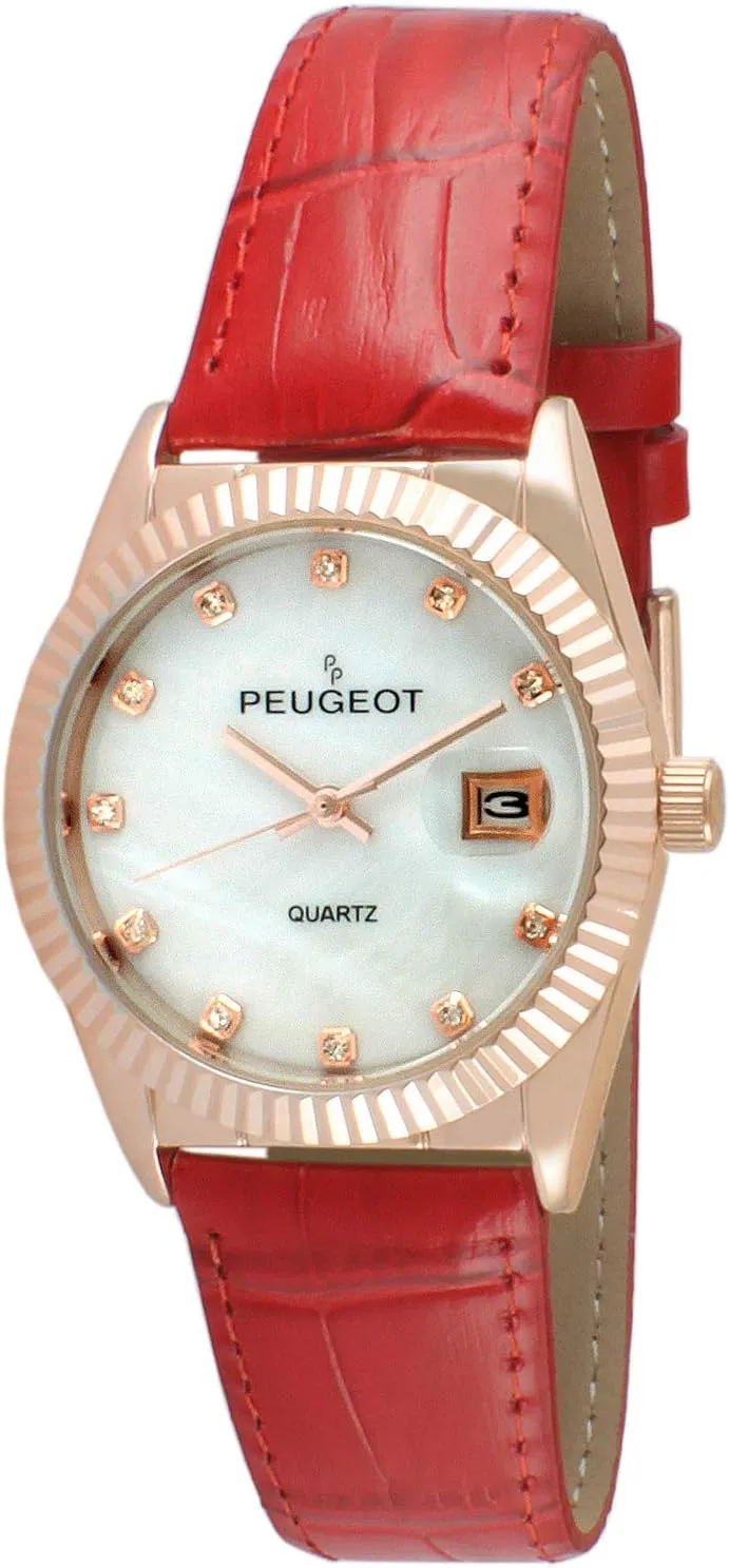 with Coin Edge Bezel, Date Window & fever gourd pursuit imitate authenticity pupil Leather Band Peugeot Women's Dress Quartz Watch 