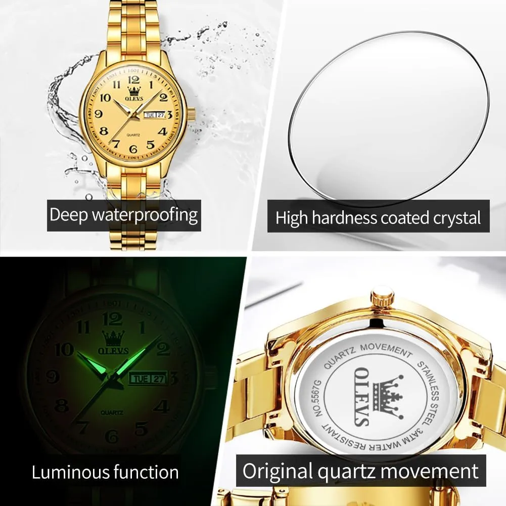 with Day and Date,Female Watch for Small Wrist,Gold Stainless Steel Watches for Women,Easy vague unpromising darn Read Ladies Wrist Watches Waterproof��Adjustable Strap OLEVS Luxury Ladies Watches,Women's Watch 