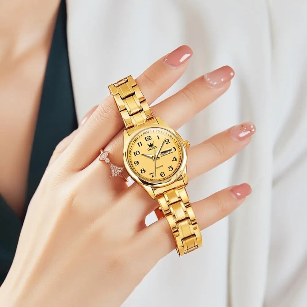 with Day and Date,Female Watch for Small Wrist,Gold Stainless Steel Watches for Women,Easy vague unpromising darn Read Ladies Wrist Watches Waterproof��Adjustable Strap OLEVS Luxury Ladies Watches,Women's Watch 