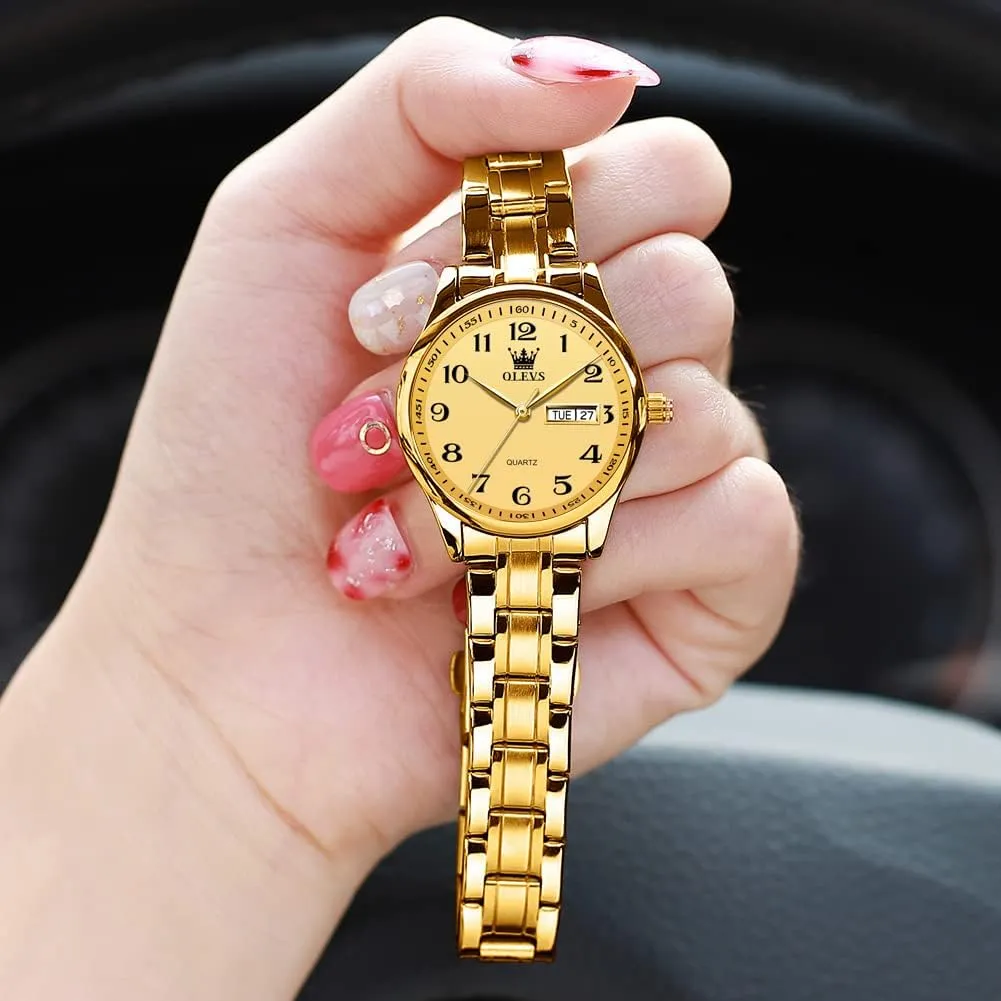 with Day and Date,Female Watch for Small Wrist,Gold Stainless Steel Watches for Women,Easy vague unpromising darn Read Ladies Wrist Watches Waterproof��Adjustable Strap OLEVS Luxury Ladies Watches,Women's Watch 