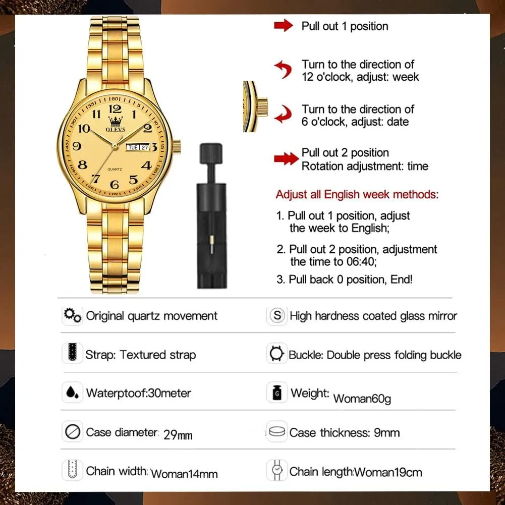 with Day and Date,Female Watch for Small Wrist,Gold Stainless Steel Watches for Women,Easy vague unpromising darn Read Ladies Wrist Watches Waterproof��Adjustable Strap OLEVS Luxury Ladies Watches,Women's Watch 