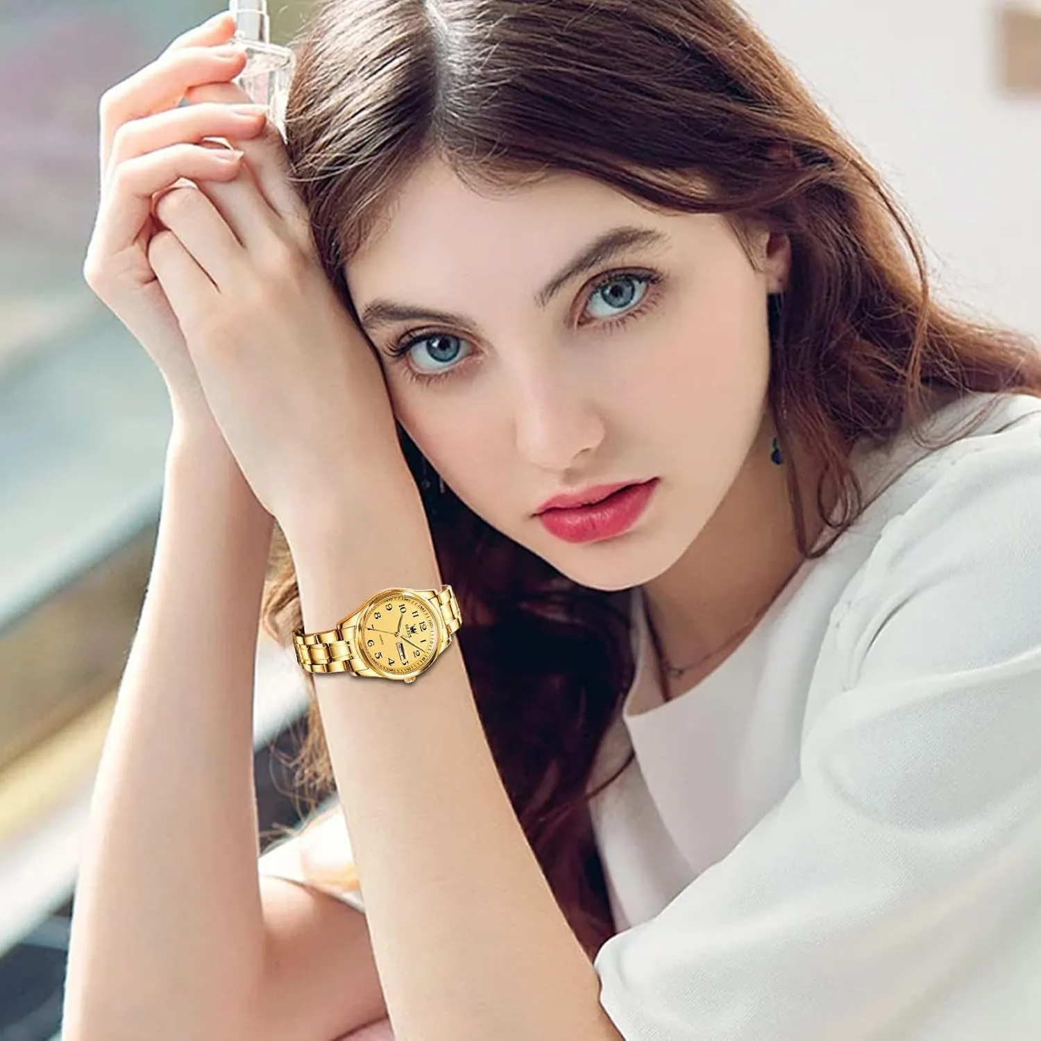 with Day and Date,Female Watch for Small Wrist,Gold Stainless Steel Watches for Women,Easy vague unpromising darn Read Ladies Wrist Watches Waterproof��Adjustable Strap OLEVS Luxury Ladies Watches,Women's Watch 