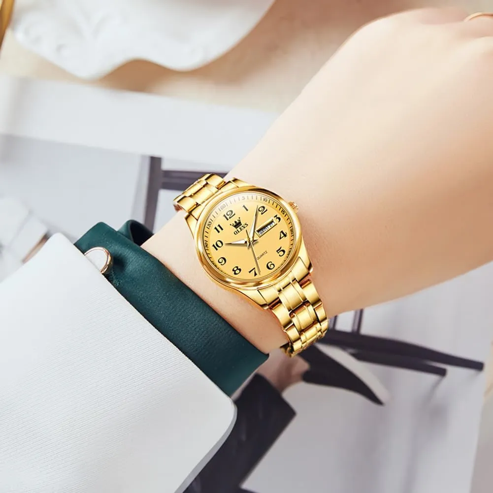 with Day and Date,Female Watch for Small Wrist,Gold Stainless Steel Watches for Women,Easy vague unpromising darn Read Ladies Wrist Watches Waterproof��Adjustable Strap OLEVS Luxury Ladies Watches,Women's Watch 