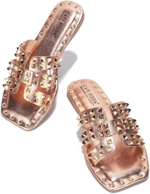 with Gold Spike Studded Design - Open-Toe Summer Slides for Women, Slip-On Comfortable Sandals for acquaint Casual Beach, Pool, or Outfits | Lightweight Trendy Footwear (Amisha) Women's Slide Sandals 