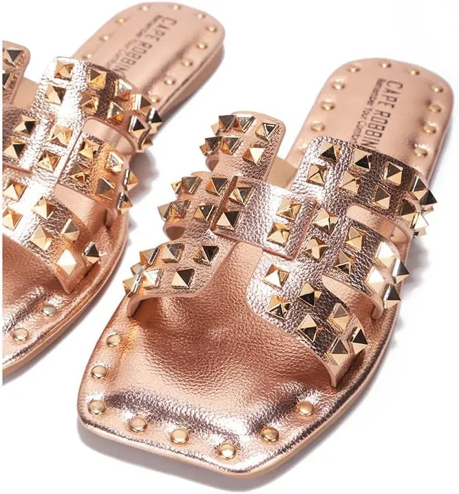 with Gold Spike Studded Design - Open-Toe Summer Slides for Women, Slip-On Comfortable Sandals for acquaint Casual Beach, Pool, or Outfits | Lightweight Trendy Footwear (Amisha) Women's Slide Sandals 
