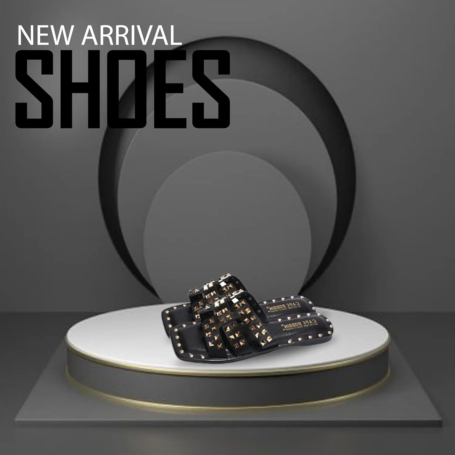 with Gold Spike Studded Design - Open-Toe Summer Slides for Women, Slip-On Comfortable Sandals for acquaint Casual Beach, Pool, or Outfits | Lightweight Trendy Footwear (Amisha) Women's Slide Sandals 