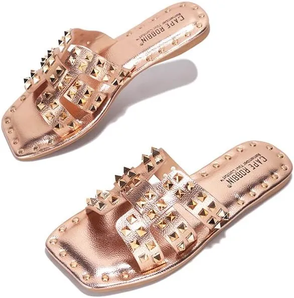 with Gold Spike Studded Design - Open-Toe Summer Slides for Women, Slip-On Comfortable Sandals for acquaint Casual Beach, Pool, or Outfits | Lightweight Trendy Footwear (Amisha) Women's Slide Sandals 