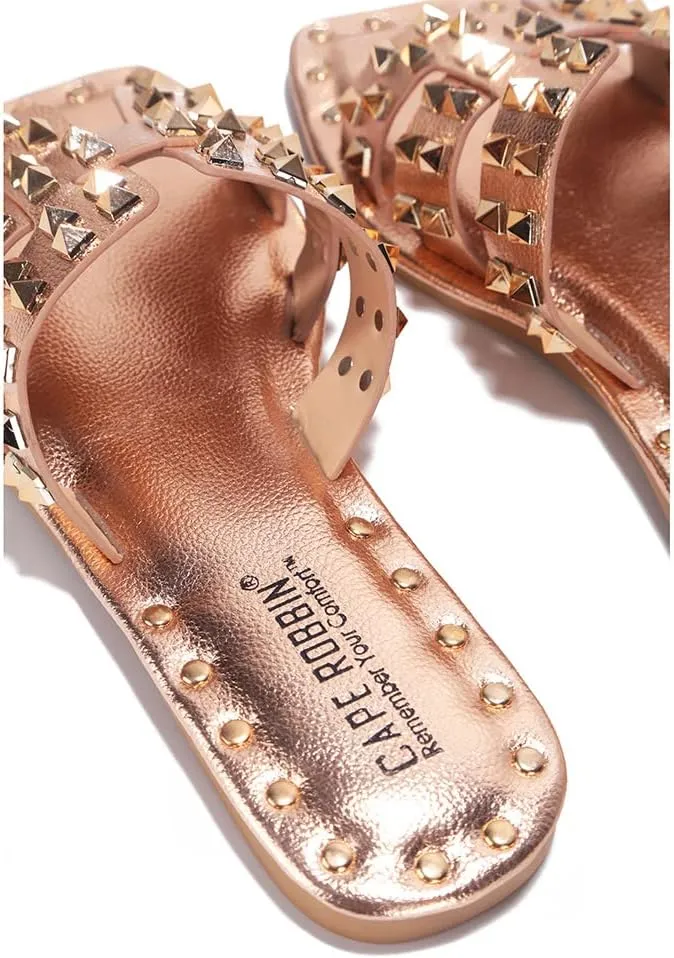 with Gold Spike Studded Design - Open-Toe Summer Slides for Women, Slip-On Comfortable Sandals for acquaint Casual Beach, Pool, or Outfits | Lightweight Trendy Footwear (Amisha) Women's Slide Sandals 