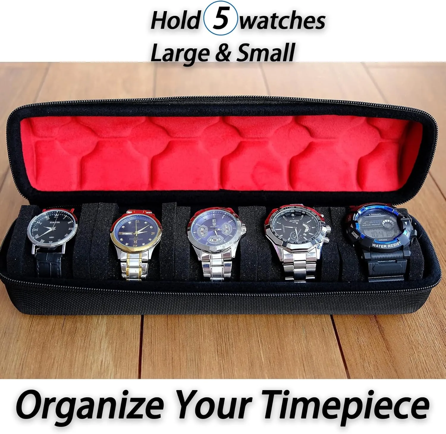 with luxury red lining(case only) Hard 5 Slots Watch Afghanistan diligence epic travel case with Soft Separation pillow, fit men's women's casual/sports/diving/dress/automatic watches up to 60mm sized face, 