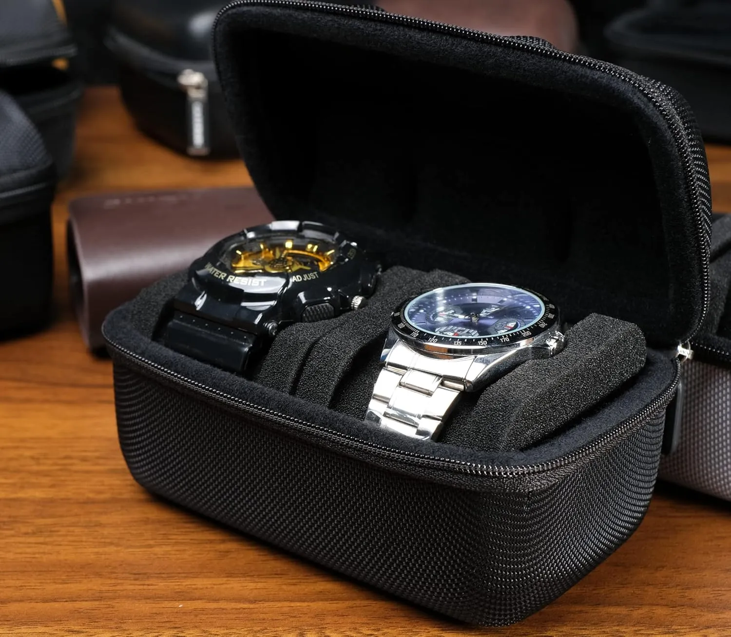 with luxury red lining(case only) Hard 5 Slots Watch Afghanistan diligence epic travel case with Soft Separation pillow, fit men's women's casual/sports/diving/dress/automatic watches up to 60mm sized face, 