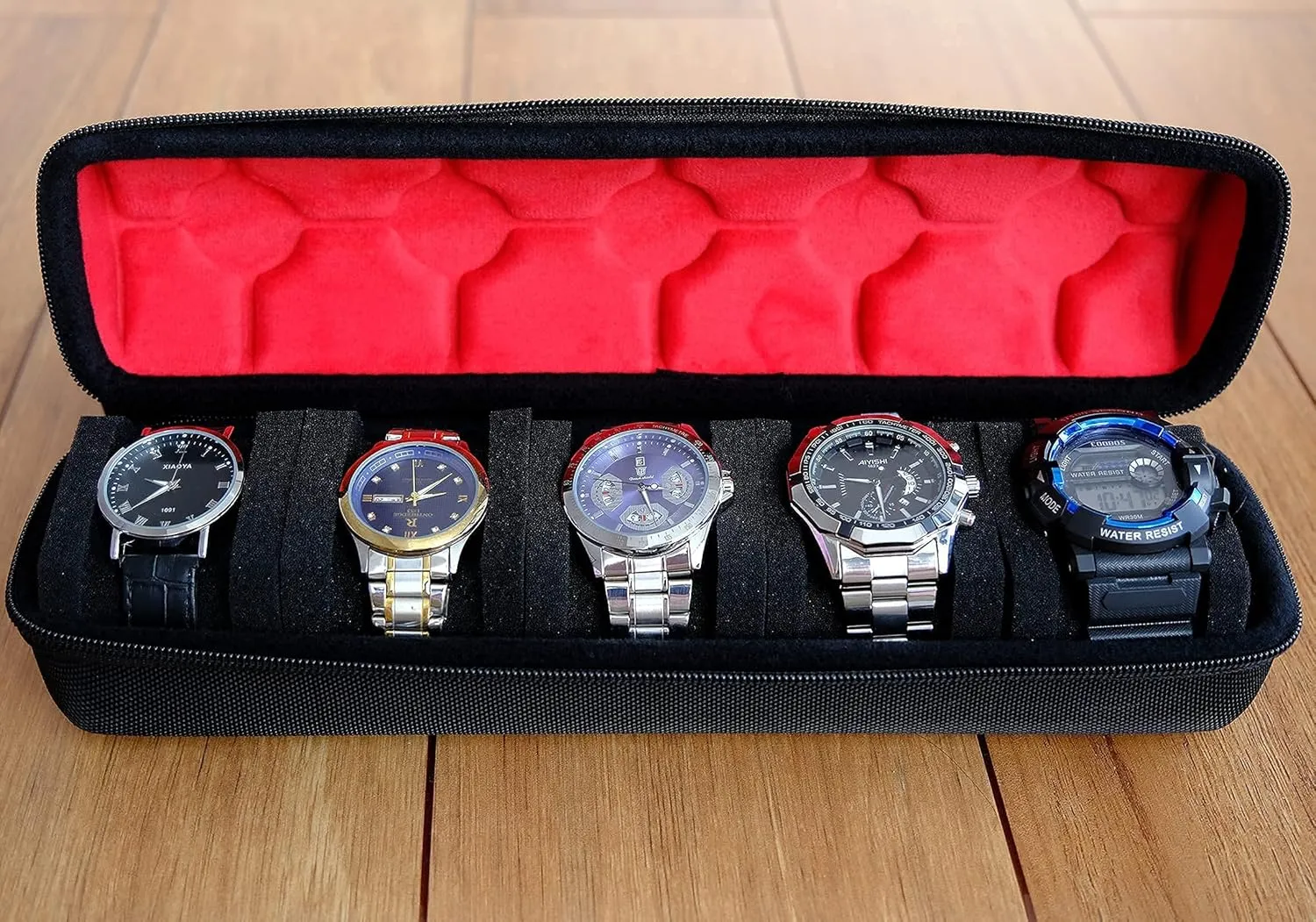 with luxury red lining(case only) Hard 5 Slots Watch Afghanistan diligence epic travel case with Soft Separation pillow, fit men's women's casual/sports/diving/dress/automatic watches up to 60mm sized face, 