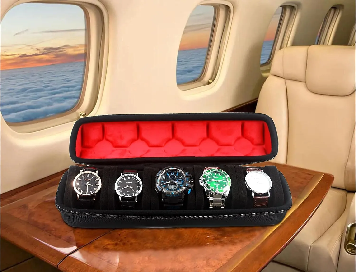 with luxury red lining(case only) Hard 5 Slots Watch Afghanistan diligence epic travel case with Soft Separation pillow, fit men's women's casual/sports/diving/dress/automatic watches up to 60mm sized face, 
