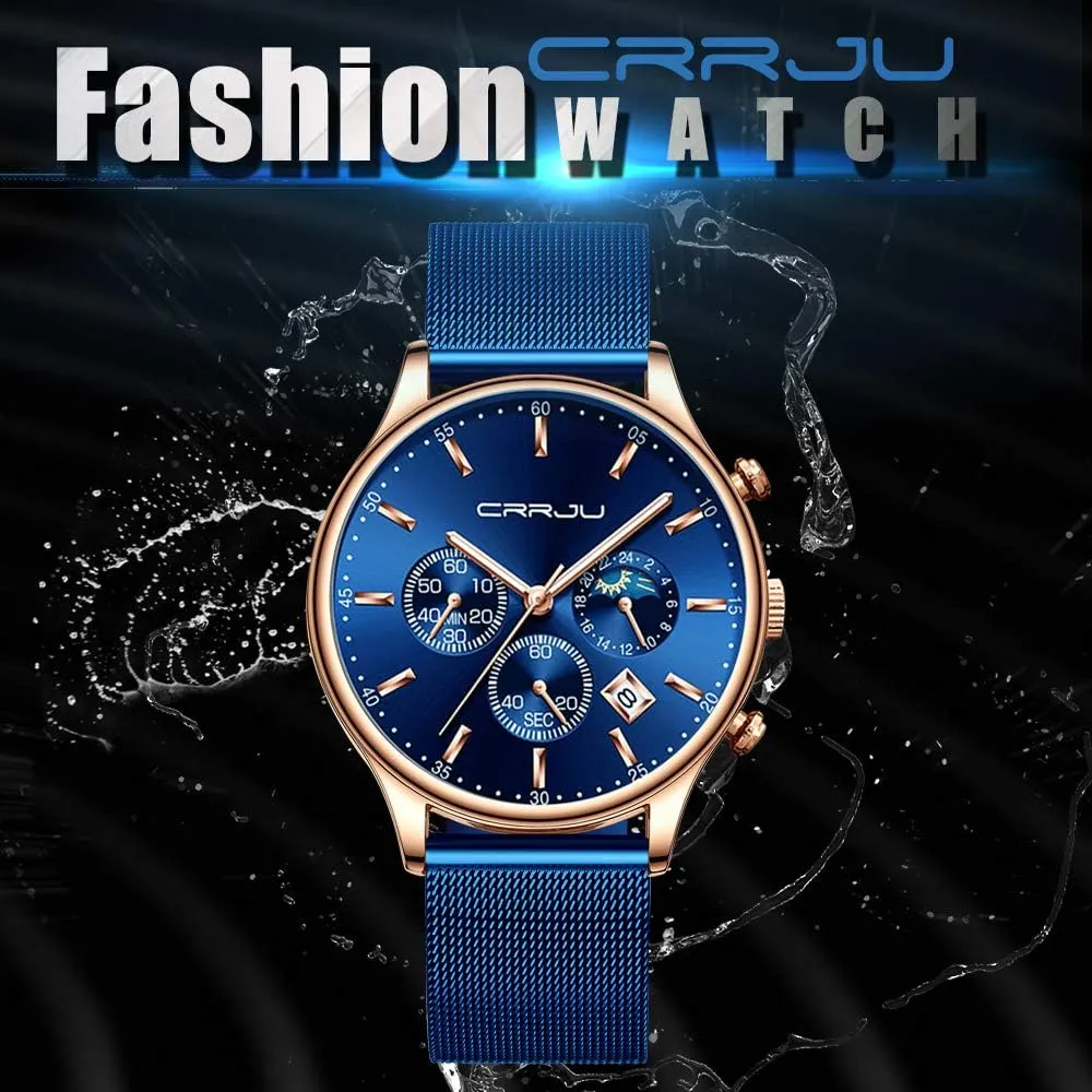 with Mesh Strap CRRJU Men's Fashion Casual Watches Auto Date Chronograph Watch Men Nice geographic understandable fodder Work Watches Waterproof 30M Full Steel Quartz 