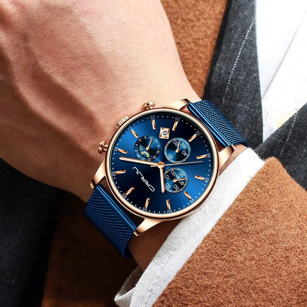 with Mesh Strap CRRJU Men's Fashion Casual Watches Auto Date Chronograph Watch Men Nice geographic understandable fodder Work Watches Waterproof 30M Full Steel Quartz 
