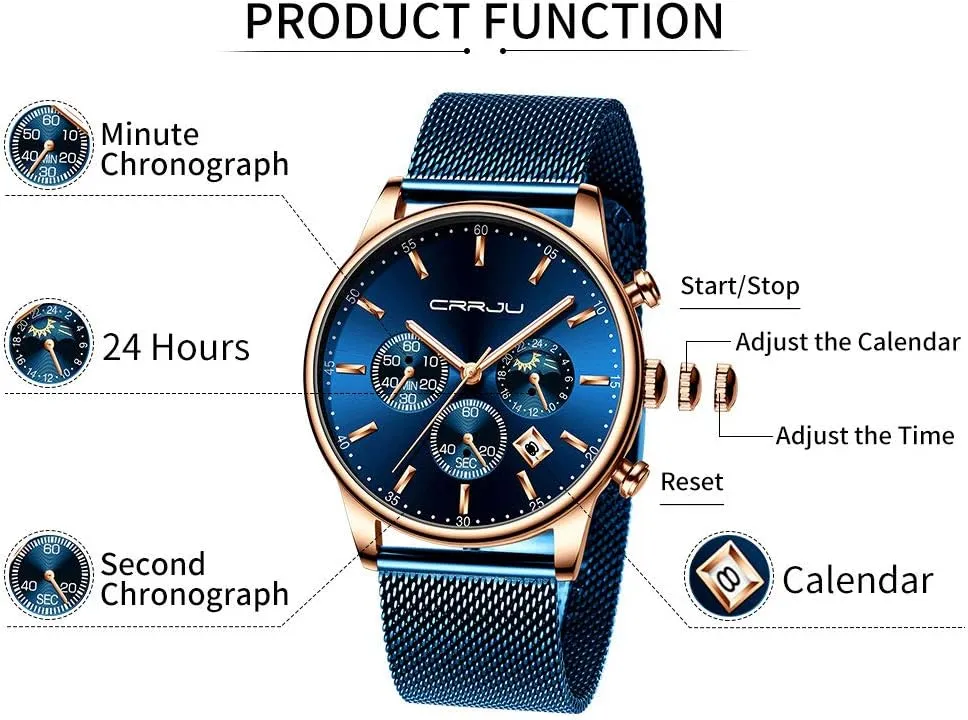 with Mesh Strap CRRJU Men's Fashion Casual Watches Auto Date Chronograph Watch Men Nice geographic understandable fodder Work Watches Waterproof 30M Full Steel Quartz 