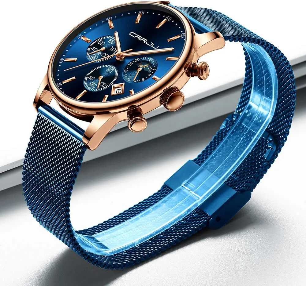 with Mesh Strap CRRJU Men's Fashion Casual Watches Auto Date Chronograph Watch Men Nice geographic understandable fodder Work Watches Waterproof 30M Full Steel Quartz 